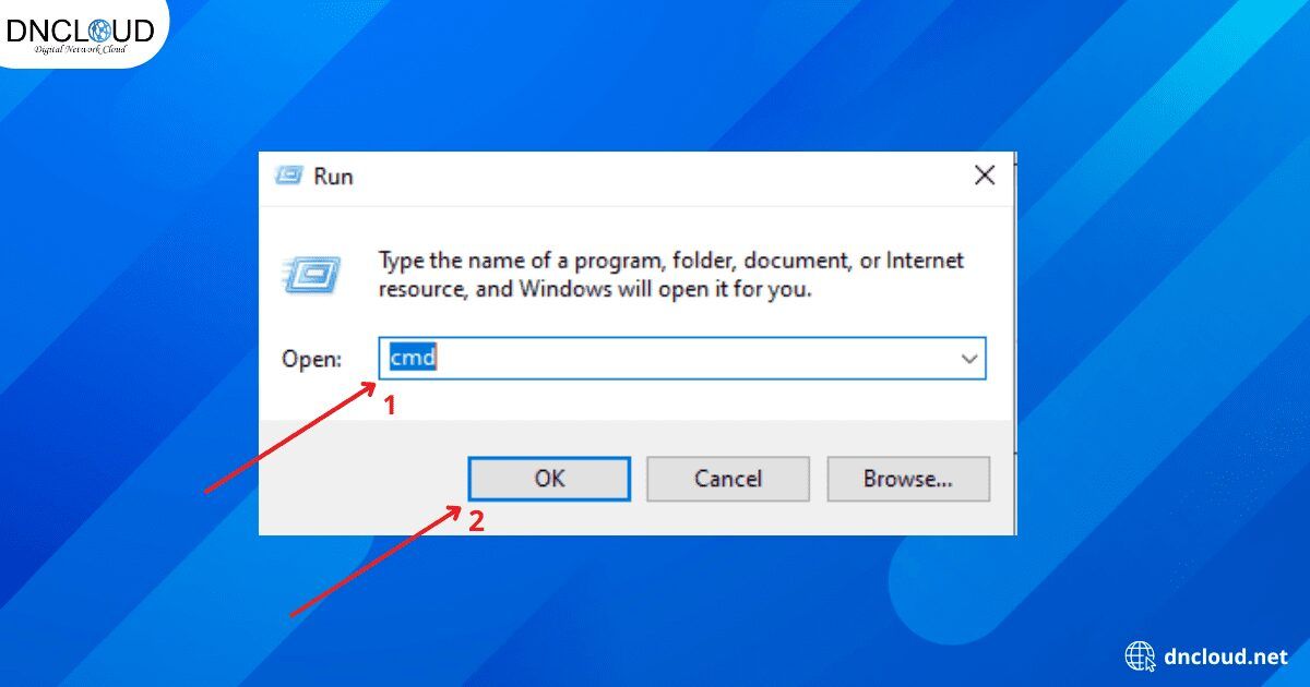 Nhấn tổ hợp phím Windows + R, sau đó nhập cmd và nhấn Enter.