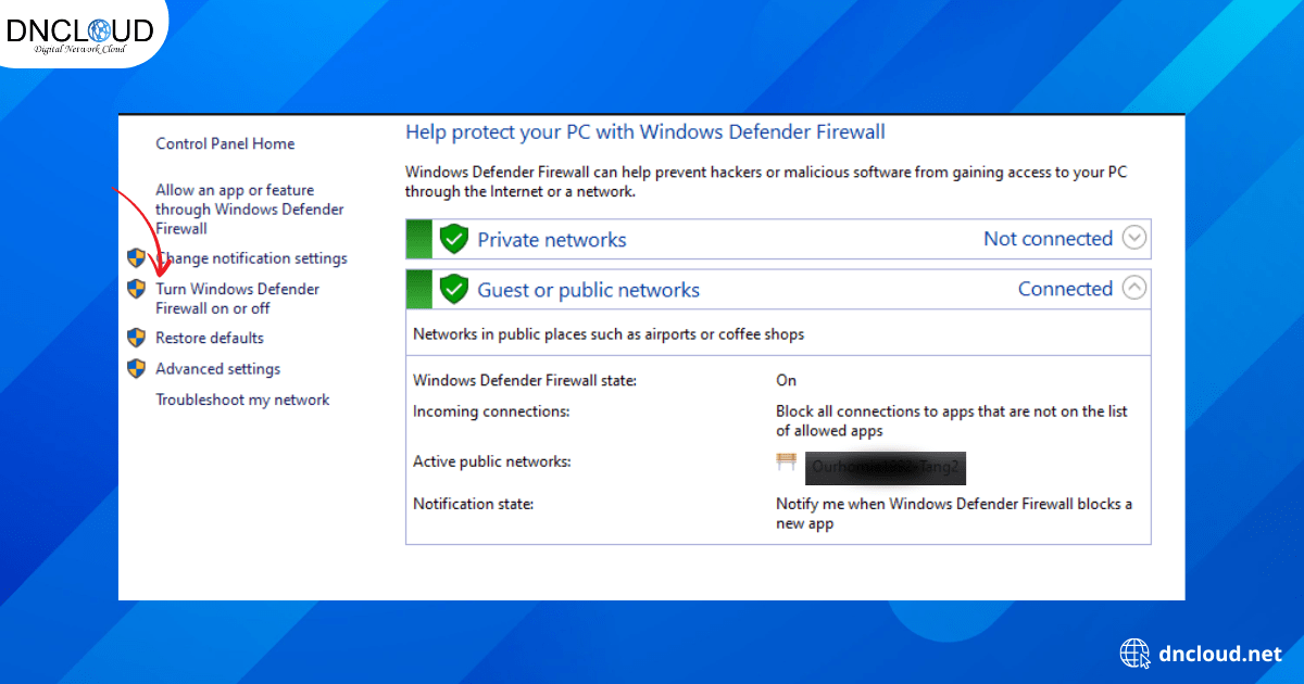 Bạn sẽ thấy các tùy chọn Turn Windows Defender Firewall on or off. Nhấn vào liên kết này.